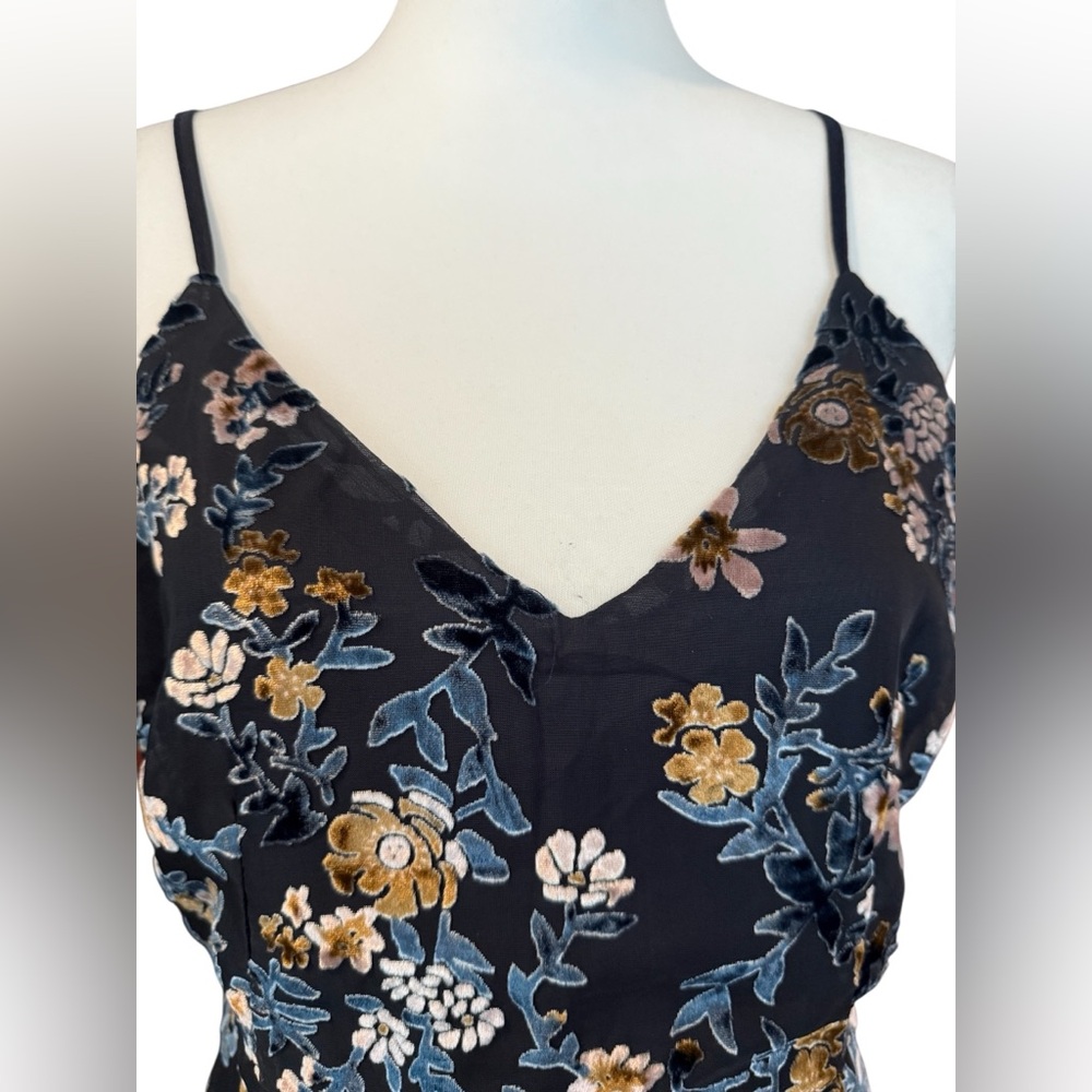 Lulu’s Evenings with You Dark Teal Floral Velvet Asymmetrical Dress sz Large - Picture 4 of 12